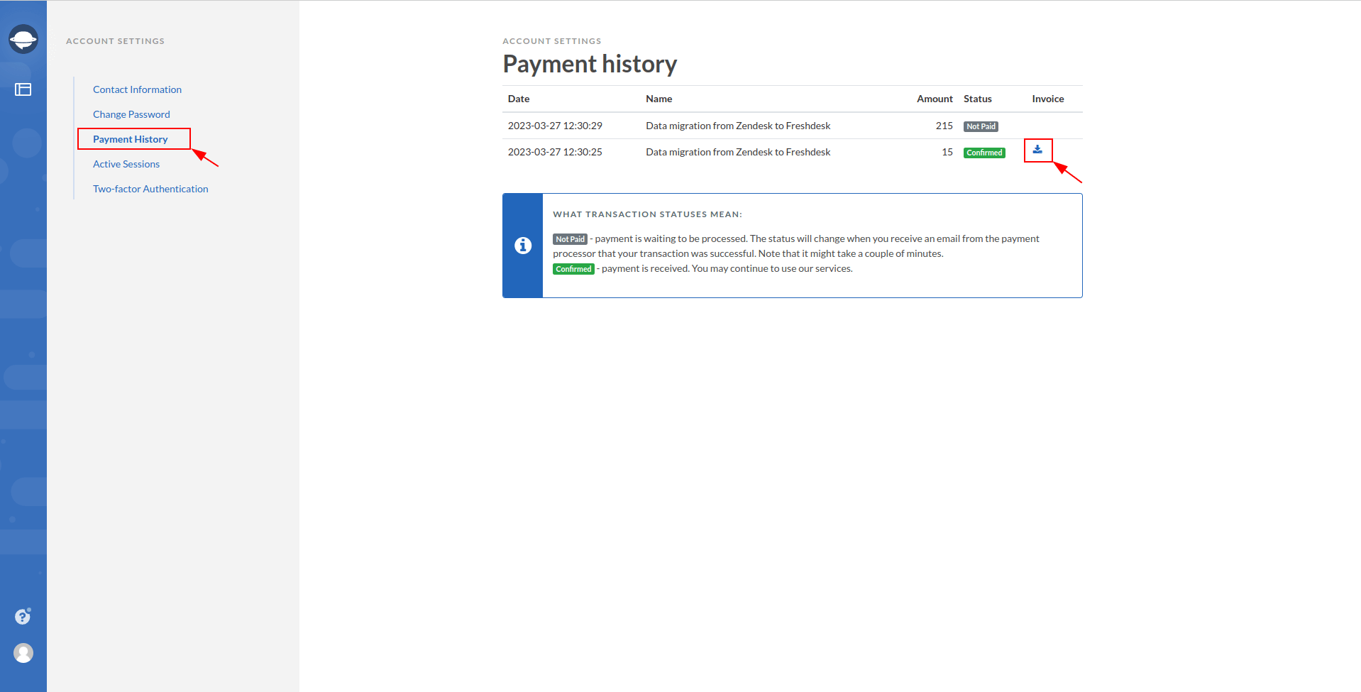 Migration Wizard Invoice