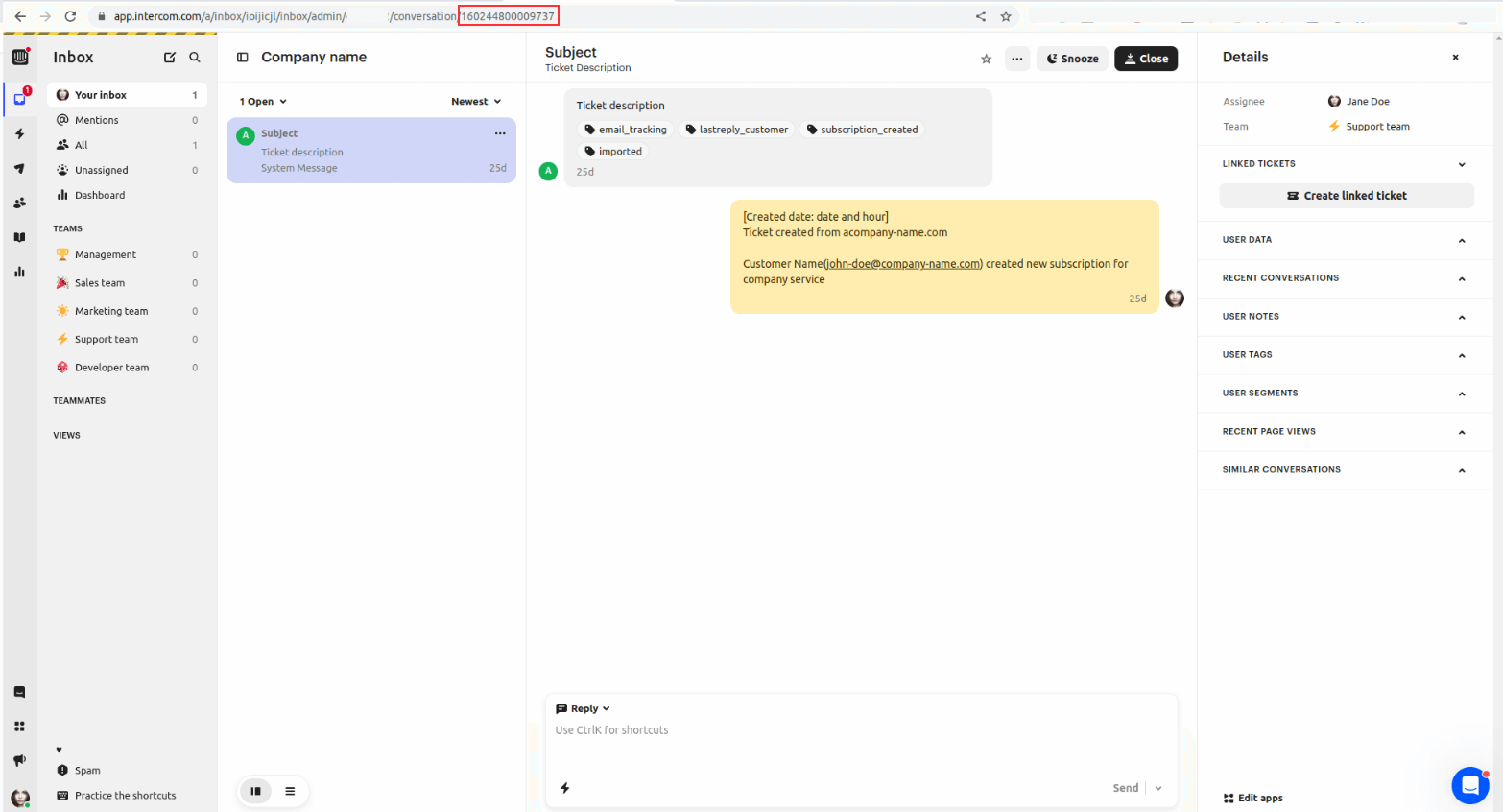 Intercom: Get Ticket ID